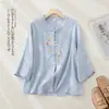 Camisa Feminina Bordada Verão Novidades Roupas de Verão Jacquard Algodão Linho Estilo Chinês Retro Botões de Sapo Gola Alta Manga Três Quartos Top