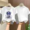 Camiseta de manga larga a rayas de algodón puro para niños, camiseta básica de otoño con dibujos animados, top falso de dos piezas para niños, casual y versátil