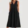 Roupas Femininas de Primavera e Verão Novas Cruzadas Europeias e Americanas Casuais Soltas Moda Retrô Algodão e Linho Sem Mangas Decote V com Bolsos Vestido