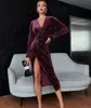Comércio Exterior Transfronteiriço Europeu e Americano Novo Vestido de Noite Sexy Pernas Expostas Manga Longa Comprimento Médio Vestido Veludo Dourado Vestido para Boate