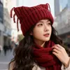 Gorro Cálido de Orejas de Gato con Borlas para Otoño e Invierno para Mujer, Gorro de Lana de Comercio Exterior Transfronterizo, Gorro Versátil para el Frío, Lindo Gorro de Punto para Estudiantes