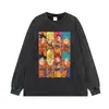 Camiseta de anime con estampado floral desgastado, efecto lavado, opciones de manga corta y manga larga, corte holgado, unisex, manga corta temática de anime