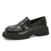 Cuero Genuino Suela Gruesa Versátil Estilo Popular Hebilla Dorada Zapatos Pequeños de Cuero Mocasines Negros Zapatos de Cuero Genuino para Mujer Slip-On Zapatos de Estudiante JK