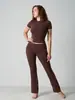 Conjunto de Calça Flare Casual de Algodão com Elastano de Manga Curta para Yoga Estilo Europeu e Americano com Cintura Reversa