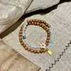 Pulseira multi-volta de sândalo e jade com flores de madeira e plaquinhas de metal, longa pulseira de pulso estilo chinês para enrolar