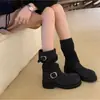 Botas Martin de Cuero de Vaca Retro Súper Suaves para Mujer 2026 Nuevo Estilo Botas de Motociclista Botas Vaqueras Occidentales Tacón Grueso Punta Redonda Botines Arrugados en el Tobillo