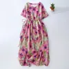 Vestido Retro de Lino de Manga Corta para Mujer Verano Nuevo Estilo Temperamento Playa Vacaciones Cintura Ceñida Adelgazante Floral Largo