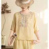 Elegante Camisa de Algodón Lino Bordada Estilo Retro para Mujer 2026 Verano Nueva Manga de Cinco Puntas Cuello Redondo Pequeño Top Blusa