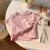 Camiseta de manga corta para niña con cuello de muñeca de encaje, nuevo estilo de verano, rosa, dulce, casual, a la moda, versátil, top de moda