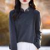 Nova camisa de veludo bordada chinesa feminina, gola meia alta, outono e inverno, nova blusa solta estilo chinês para uso externo