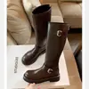 Versión de Piel de Vaca, Nuevo Estilo Otoño e Invierno, Punta Redonda, Correa con Hebilla, Tacón Grueso, Debajo de la Rodilla, Cierre de Cremallera Trasera, Caña Media-Alta, Botas de Monta de Cuero Genuino para Mujer