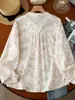 Camisa floral de gaze de algodão dupla camada com decote em V para mulheres, manga longa, estilo artístico vintage, macia, hipoalergênica, respirável, algodão puro, top de corte solto MHT