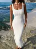 Vestido Largo de Ganchillo Hueco con Tirantes Finos para Mujer Estilo Europeo Americano de Resort Delgado Favorecedor Volante Ceñido a la Cadera