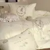 Conjunto de Roupa de Cama Girly 100S de Algodão de Fibra Longa com Bordado de Coelho Fofo, Capa de Edredom e Lençol de Cama, 100% Algodão, Acessórios para Cama de 1,8m