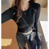 Camiseta Interior de Manga Larga con Cuello Redondo Estilo Coreano W para Mujer en Otoño e Invierno con Sentido del Diseño, Ropa Interior Sexy con Corte, Top Exterior que Adelgaza Hombro Derecho
