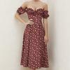 Ropa Europea y Americana Transfronteriza 2025 Nueva Falda de Mujer Verano Manga Corta Abertura Falda Floral Hombros Descubiertos Vestido Tubo