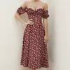 2025 Moda Femenina Europea y Americana Nueva Primavera y Verano Vestido Largo con Abertura Floral Volantes Hombros Descubiertos sin Tirantes Vestido de Vacaciones en la Playa