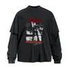 Camiseta de Manga Larga Falsa de Dos Piezas con Estampado de Personaje Creativo para Hombre, Estilo Callejero Vintage Lavado para Primavera y Otoño, Top Casual de Cuello Redondo