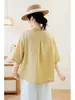 Cardigan de Verano Nuevo Estilo Coreano de Manga Media, Camisa Top Casual Retro Artístico Holgado para Mujer de Algodón y Lino con Cuello Alto de Manga Corta