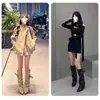 Botas de tacón alto de caña larga, estilo coreano, negras, nueva colección de otoño, con hebilla de cinturón, botas largas, botines de mujer, punta redonda, tacón grueso