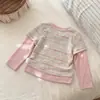 [Ningli] Top Base Falso de Dos Piezas para Niña, Nueva Colección Otoño, Camiseta de Manga Larga con Parches a Rayas y Bloques de Color para Niños