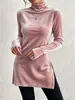 Top largo de terciopelo de cuello alto con abertura para mujer 2026, venta al por mayor transfronteriza, camiseta básica ajustada de manga larga para otoño e invierno