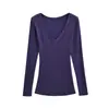 Camiseta Tendência Slim Fit com Decote Coração Manga Longa para Mulheres, Top Versátil Fino Slim para Primavera, Camisa Básica de Cor Sólida