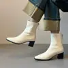 Botines ajustados de retazos retro para mujer, tacón grueso, cremallera trasera, punta cuadrada pequeña, botines cortos elásticos de microfibra, nuevo estilo otoño 2026