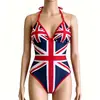 Roupa de banho de férias estilo britânico para mulheres, maiô peça única com bandeira Union Jack, decote halter, alças de amarrar, decote em V profundo, corte justo, maiô sexy