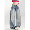 Jeans de mezclilla lavada estilo americano con diseño de bigotes de gato en 3D, tiro bajo, nueva colección de otoño, corte holgado, efecto adelgazante, pantalones versátiles de pierna ancha para mujer