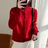 Suéter de lana de siete agujas, grueso, color rojo, de botones, versátil para invierno, corte holgado, amigable con la piel, cálido, cárdigan de cuello alto para mujer, rosa