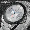 Popular Moda Europeia e Americana Vencedor Masculino Estiloso Casual Calendário Esqueleto Pulseira de Aço Semi-Automático Mecânico Roxo