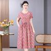 Vestido de viscose para mulheres de meia-idade e idosas, vestido de verão com mangas curtas, comprimento abaixo do joelho, cintura marcada, vestido de algodão e seda para mãe