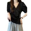 Camisa de manga corta con cuello en V para mujer de talla grande que cubre el abdomen Verano para mujer Hermana rellenita Cintura ajustada Adelgazante Hombro corto Top A3980