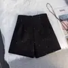 Shorts de Lã com Lantejoulas Pretas para Mulheres, Outono e Inverno Cintura Alta Elegante Calça Pantalona de Corte A, Calça para Botas, Emagrecedor e com Caimento A9675