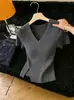 Top de Punto Retro Chic Elegante con Cuello en V y Mangas Cortas para Mujer 2026 Nueva Llegada Primavera/Verano Súper Hermoso Más Vendido Top Adelgazante