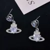 Brincos de Diamante Cheio Rainha Mãe Saturno Zircônia Cravejada com Diamantes Rosa Azul Elegantes Exquisitos para Mulheres Novo Estilo