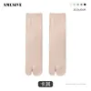 Calcetines Divertidos Finos Minimalistas Estilo Japonés Rayas Verticales Punta Dividida Calcetines Básicos de Color Sólido de Moda para Dos Dedos Calcetines de Media Pantorrilla para Mujer