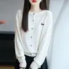 Cárdigan de punto fino de corte holgado para principios de otoño, versátil nuevo estilo de primavera, suéter de lana bordado para mujer de manga larga con cuello redondo y motivo de gatito