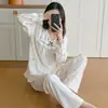Pijama de otoño nuevo transfronterizo, jersey de doble largo con escote en V de encaje, estilo dulce de princesa para casa, tejido elástico, imitación de algodón