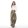 Calça Jeans com Estampa de Leopardo Impressa Digitalmente para Mulheres, Cintura Alta, Caimento Solto, Design Desgastado, Calça Wide Leg, Novo Modelo Primavera 2026