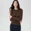 Suéter de cachemira de color liso para mujer, de estilo francés, lujo discreto, con pedrería hecha a mano, cuello redondo, mangas largas y un tejido suave y amigable con la piel.