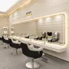 Estación de Espejo de Peluquería de Moda con Espejo Colgante Grande e Iluminación para Peluquería, Coloración y Corte