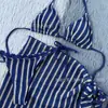 [2 colores] Nuevo estilo coreano de malla tejida a rayas vestido de playa de dos piezas traje de baño, conjunto de bikini tejido sexy
