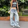 Jeans Bordados Retro Americanos con Guadaña para Mujer, Pantalones de Pierna Ancha Rectos Sueltos de Cintura Alta para Otoño e Invierno