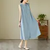 Vestido Liso Sem Mangas Camisa de Algodão e Linho Feminina Verão 2026 Temperamento Emagrecimento Solto Casual Vestido Liso de Comprimento Médio