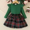 26 Comercio Exterior Transfronterizo Primavera y Otoño Ropa Infantil Niña Top de Canalé Verde + Falda de Cuadros Moda Tendencia Niño Mayoreo
