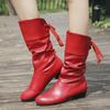 Botas de Equitação de Tamanho Grande para Comércio Exterior Outono e Inverno 2024 Fornecimento Transfronteiriço Salto Baixo Bico Redondo Cadarço nas Costas Botas Quentes de Meia-Canela para Mulheres