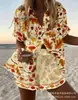 Conjunto de shorts de playa y camisa de manga corta para mujer, estampado floral 3D digital colorido para vacaciones, ropa casual