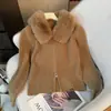 Abrigo Suéter de Rayas Verticales con Cuello de Piel Estilo Retro Americano para Mujer, Nuevo Cardigan de Punto con Doble Cremallera Estilo Perezoso Otoño e Invierno